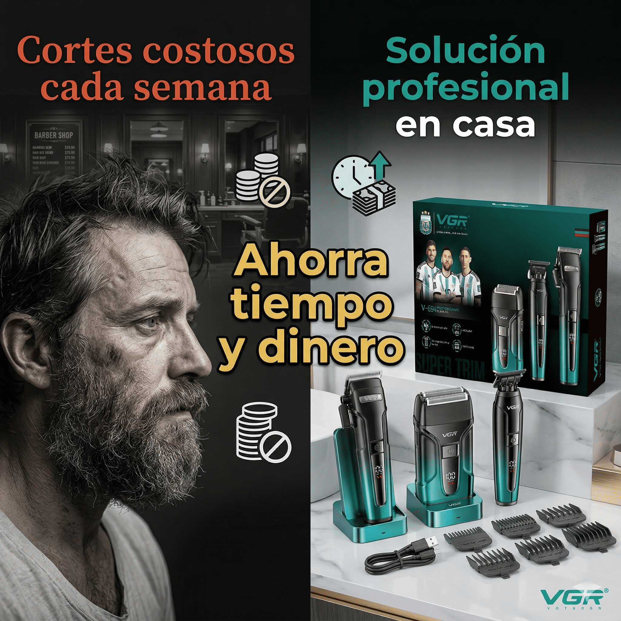 VGR-694 kit barbería profesional solución corte cabello barba desde casa recargable