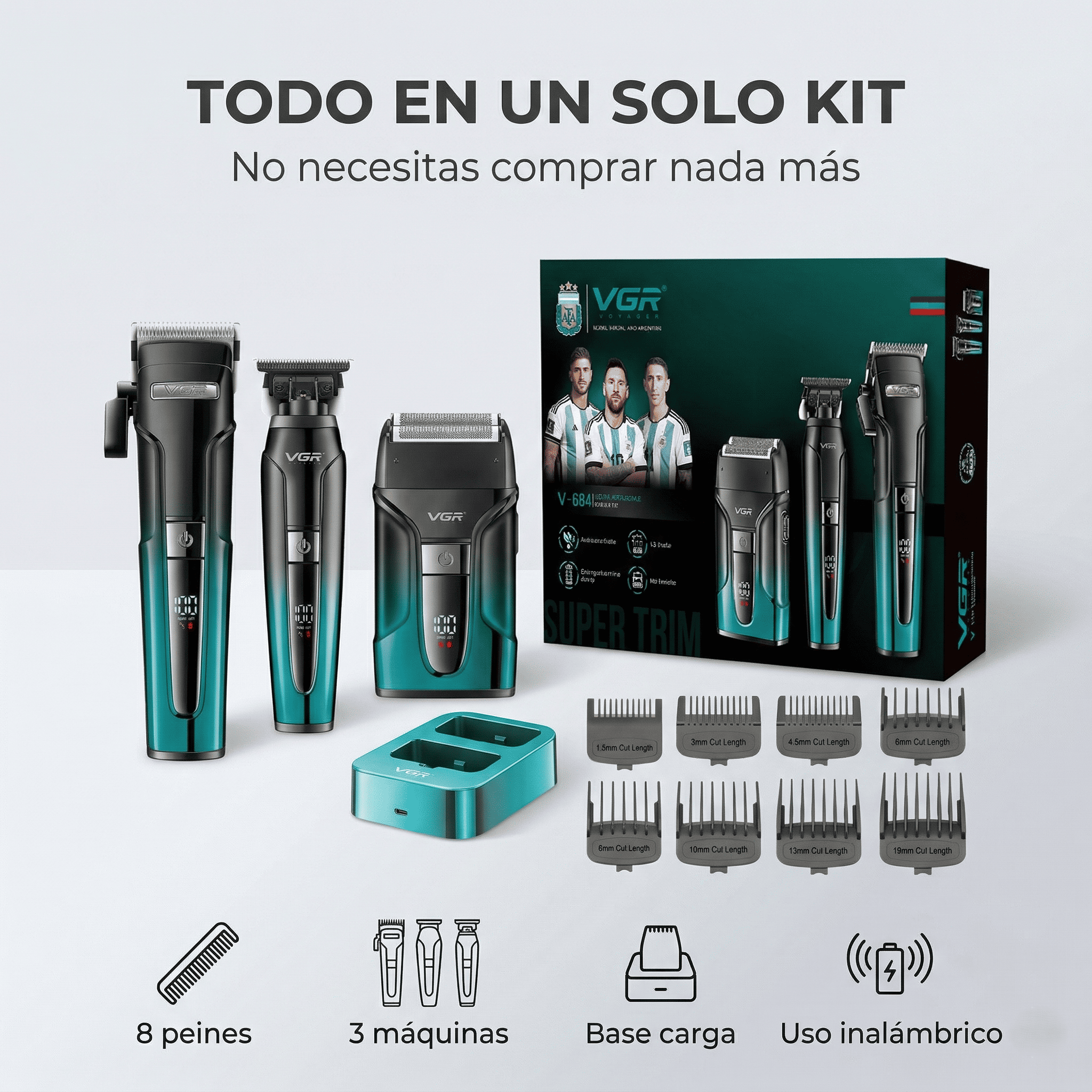 Kit VGR-694 completo incluye cortadora trimmer afeitadora base carga peines accesorios