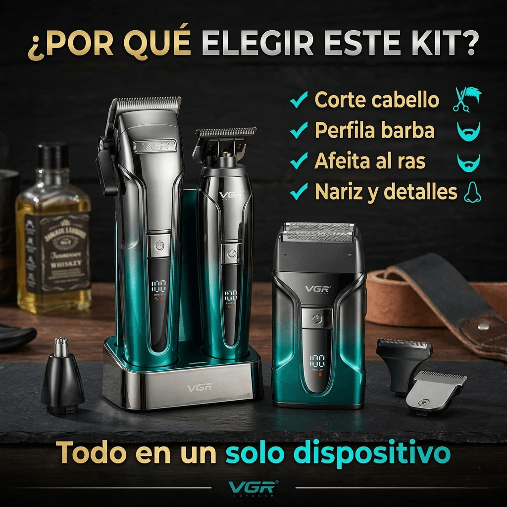VGR-694 4 en 1 corta cabello perfila barba afeita recargable uso profesional